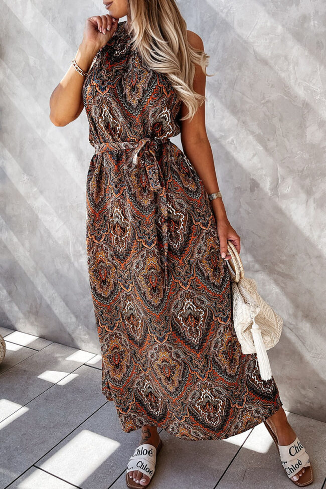 Fashion Bohemian Print Split Joint Halter Waist Skirt Dresses