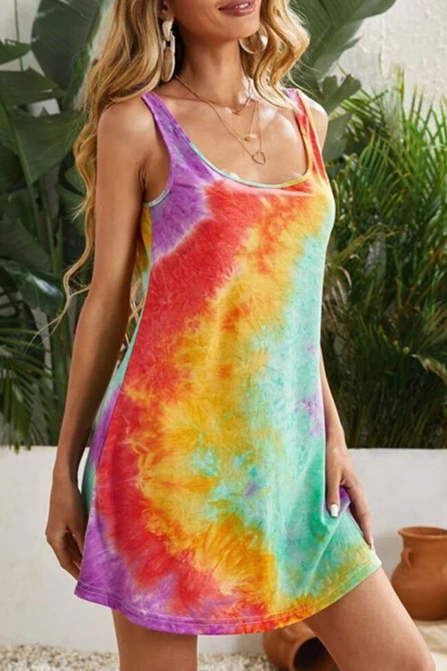 Fashion Casual Tie Dye Split Joint O Neck A Line Dresses