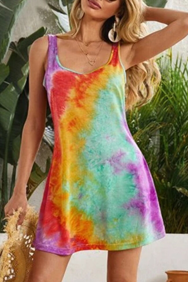 Fashion Casual Tie Dye Split Joint O Neck A Line Dresses