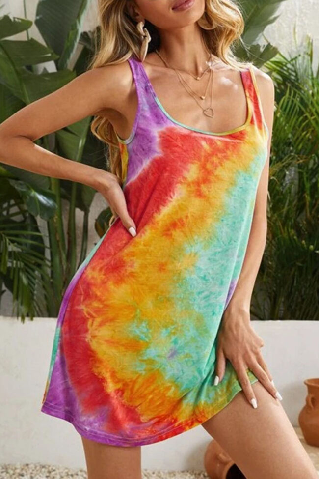 Fashion Casual Tie Dye Split Joint O Neck A Line Dresses