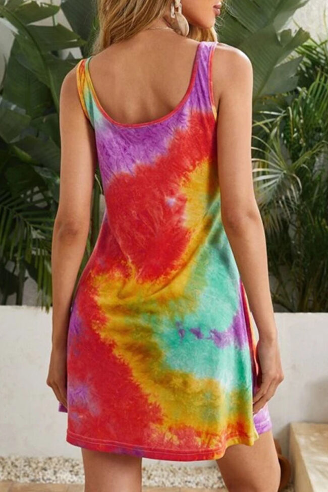 Fashion Casual Tie Dye Split Joint O Neck A Line Dresses