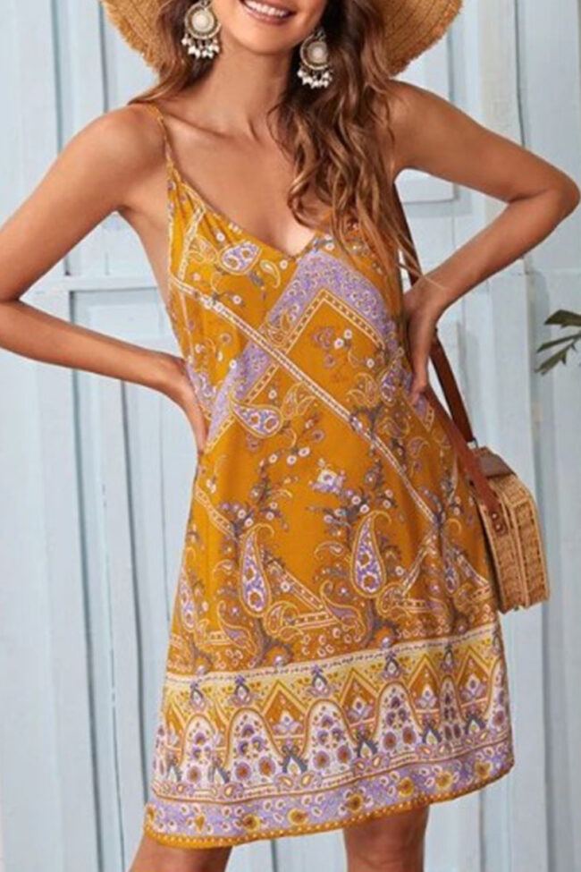 Fashion Street Print Split Joint V Neck A Line Dresses