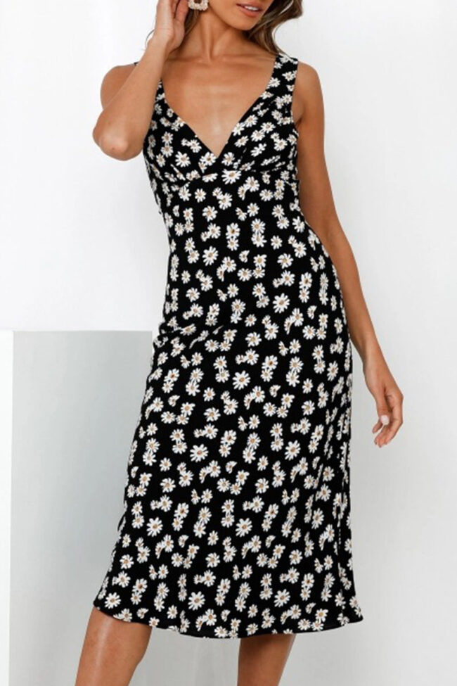 Fashion Sweet Print Split Joint V Neck A Line Dresses