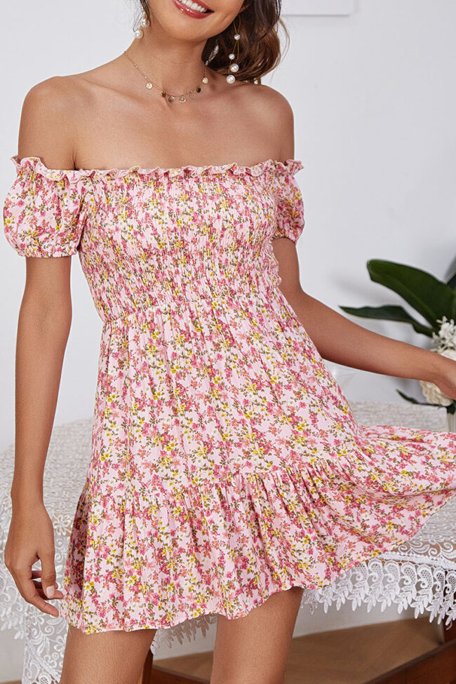 Fashion Sweet Print Split Joint Off the Shoulder A Line Dresses