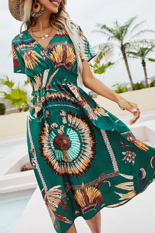 Fashion Street Print Split Joint V Neck A Line Dresses