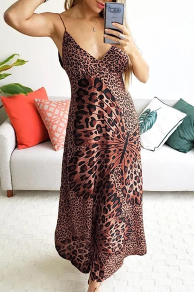 Fashion Street Leopard Butterfly Print V Neck A Line Dresses