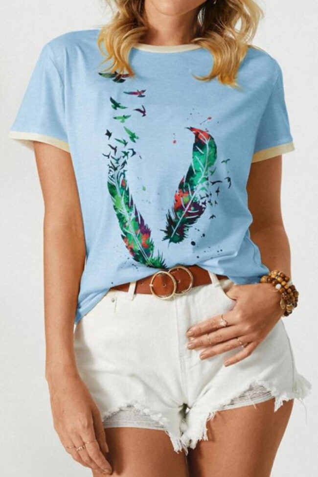 Fashion Casual Print Split Joint O Neck T-Shirts