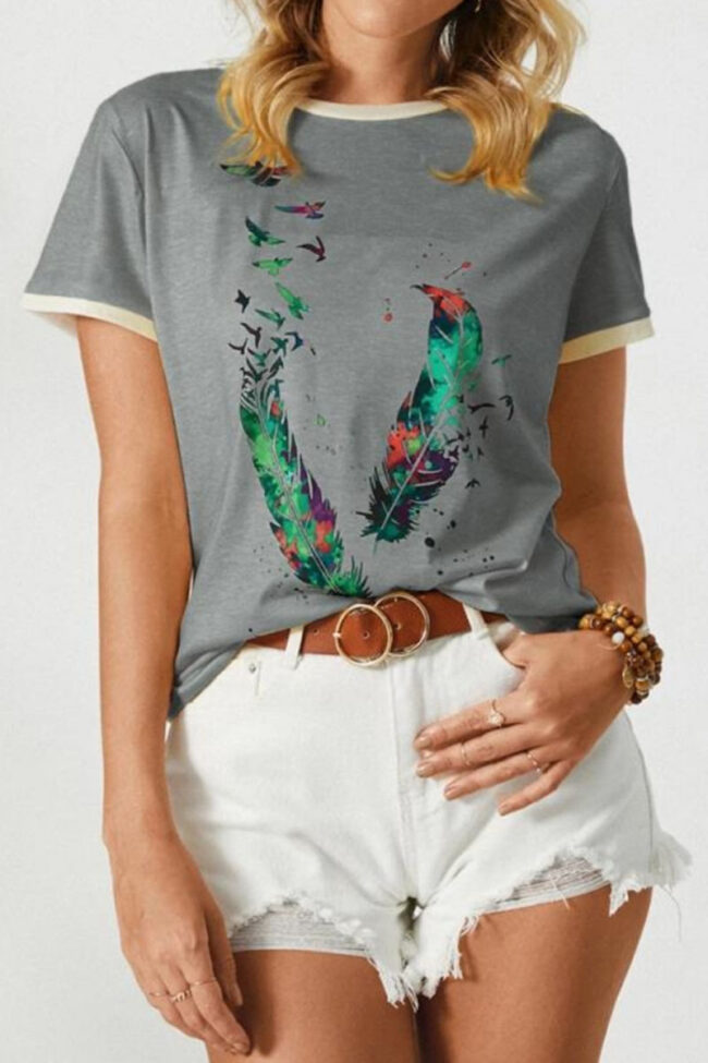 Fashion Casual Print Split Joint O Neck T-Shirts