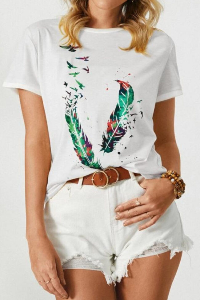 Fashion Casual Print Split Joint O Neck T-Shirts