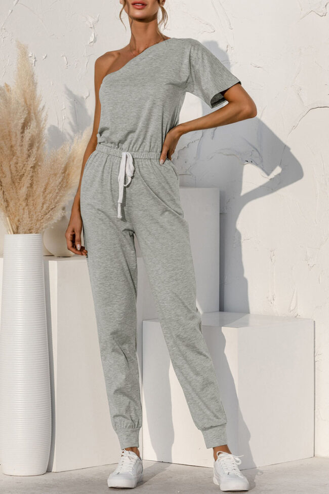 Fashion Casual Solid Frenulum One Shoulder Loose Jumpsuits