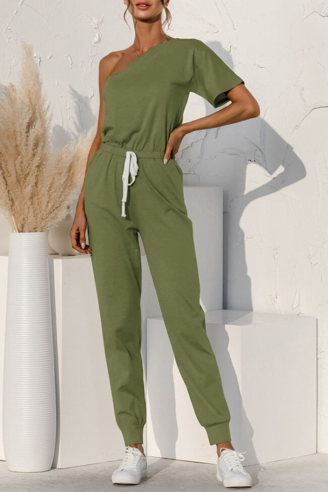 Fashion Casual Solid Frenulum One Shoulder Loose Jumpsuits