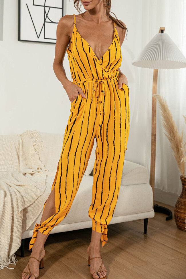 Fashion Casual Print Split Joint V Neck Loose Jumpsuits