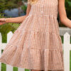 Sweet Plaid Split Joint Spaghetti Strap Cake Skirt Dresses