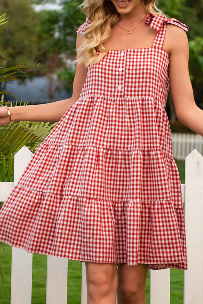 Sweet Plaid Split Joint Spaghetti Strap Cake Skirt Dresses