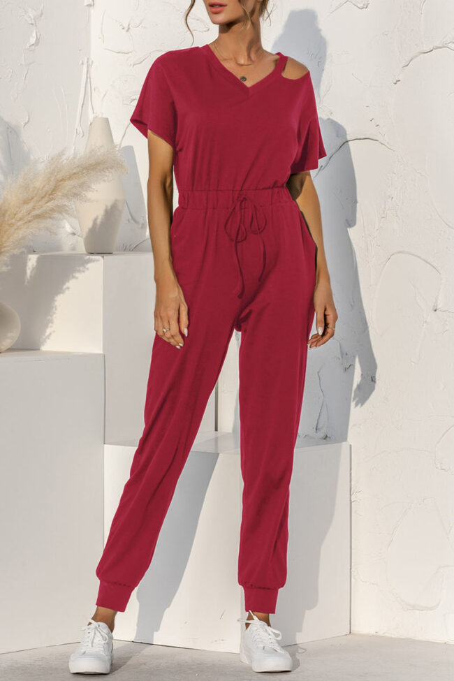 Fashion Casual Solid Split Joint V Neck Loose Jumpsuits