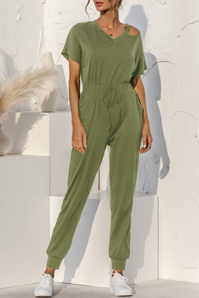 Fashion Casual Solid Split Joint V Neck Loose Jumpsuits