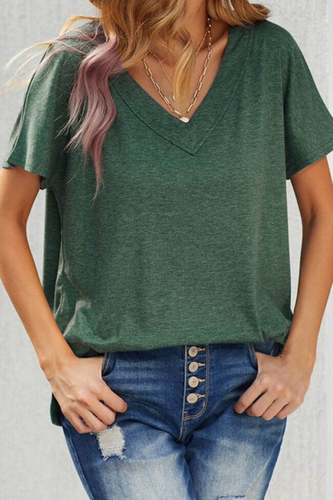 Fashion Casual Solid Split Joint V Neck T-Shirts