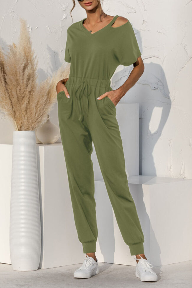 Fashion Casual Solid Split Joint V Neck Loose Jumpsuits