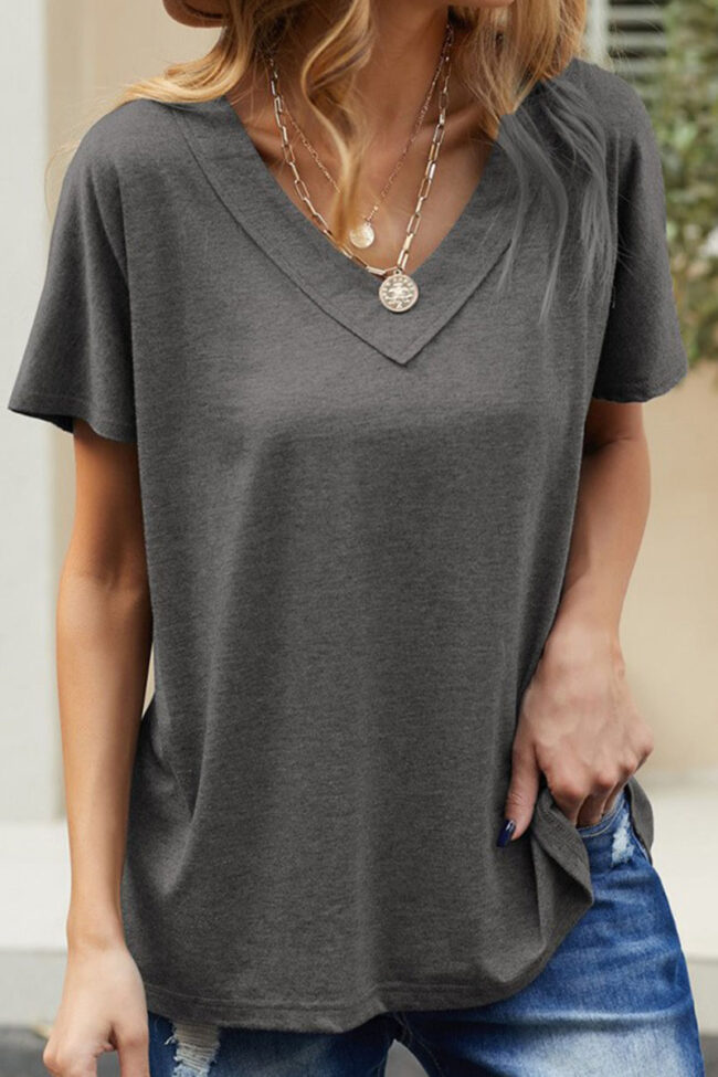 Fashion Casual Solid Split Joint V Neck T-Shirts