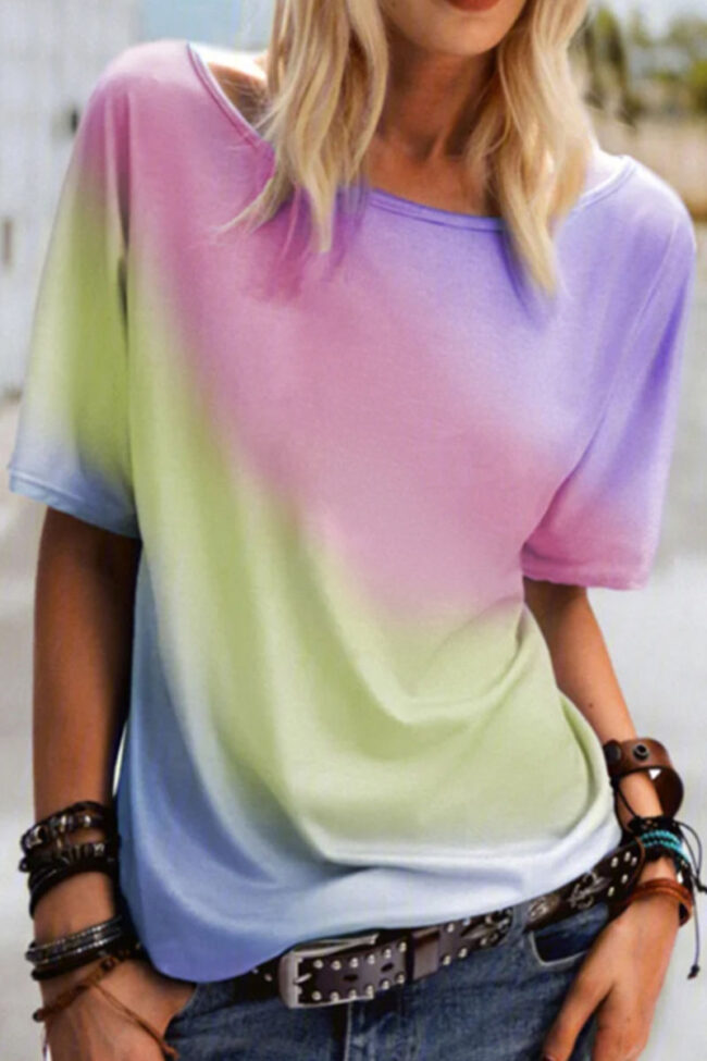 Fashion Casual Print Split Joint O Neck T-Shirts