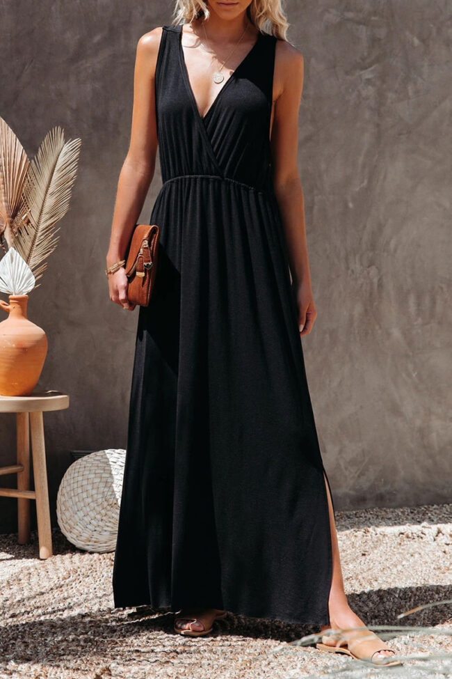 Fashion Casual Solid Slit V Neck A Line Dresses