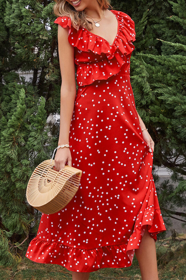 Fashion Casual Polka Dot Split Joint V Neck A Line Dresses