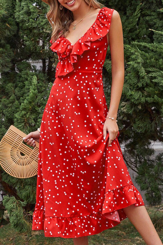 Fashion Casual Polka Dot Split Joint V Neck A Line Dresses