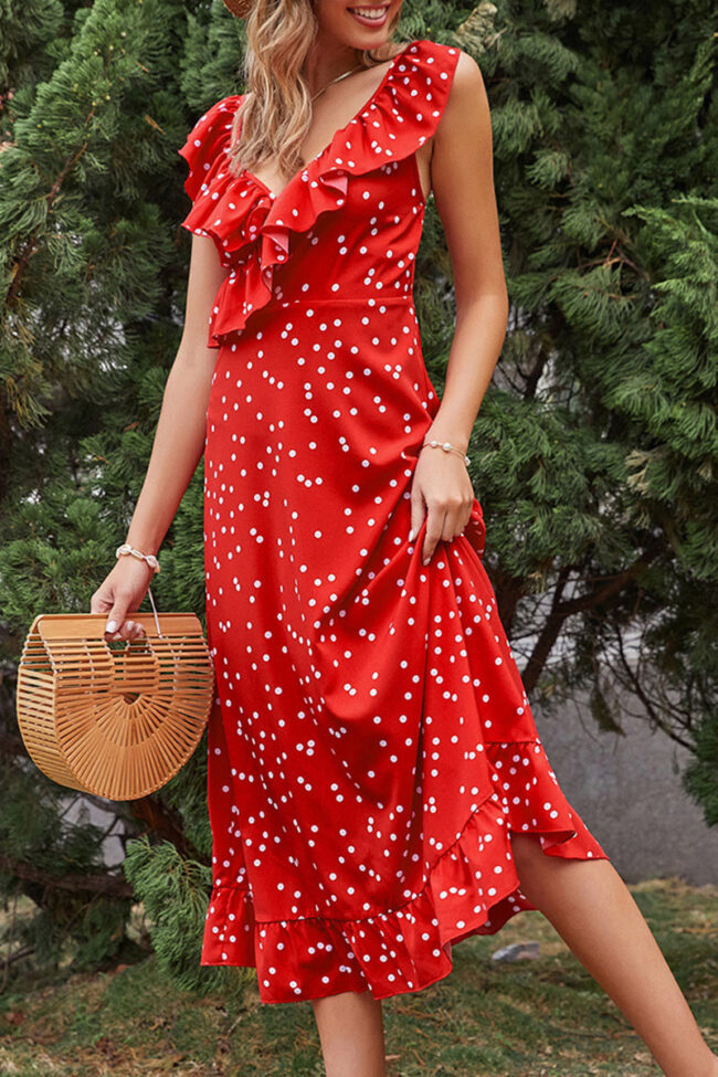 Fashion Casual Polka Dot Split Joint V Neck A Line Dresses