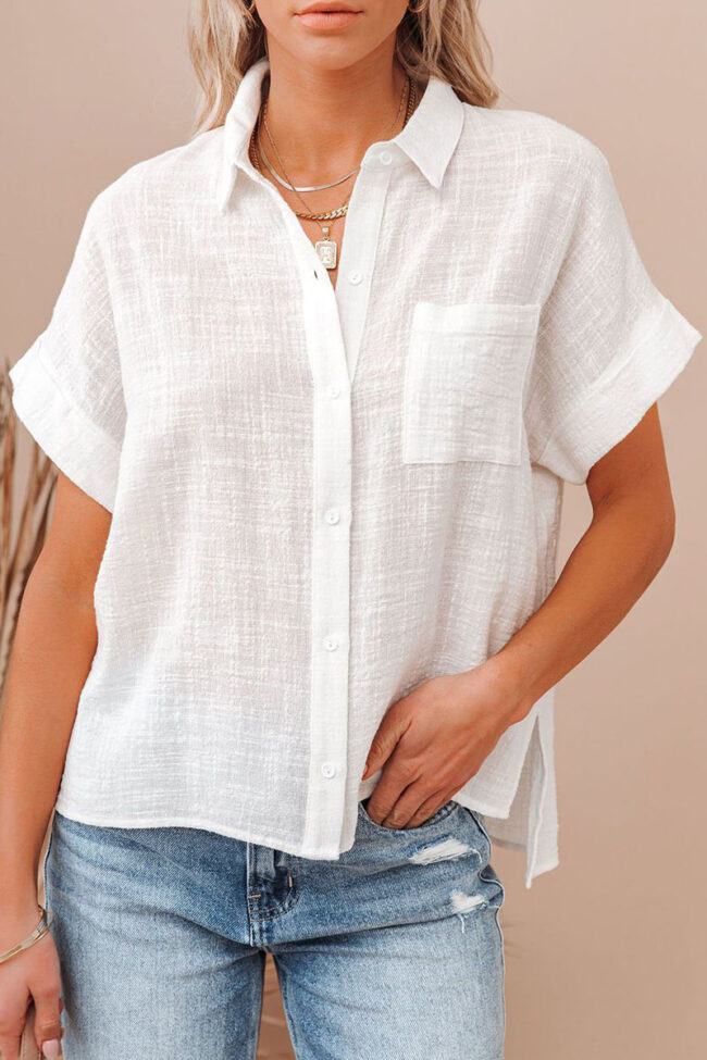 Fashion Casual Solid Split Joint Turndown Collar Tops