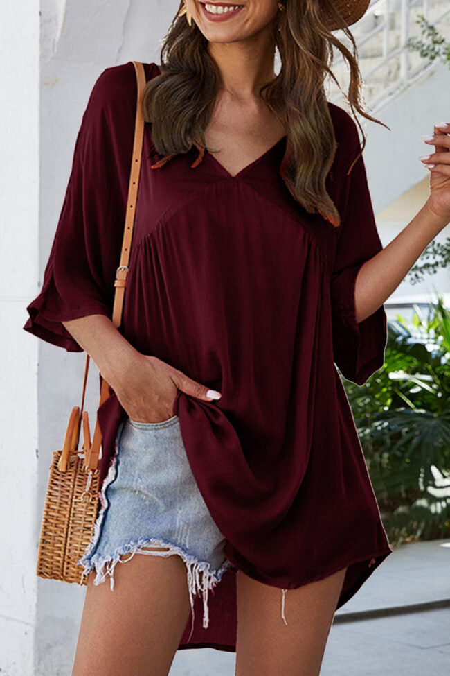 Fashion Casual Solid Split Joint V Neck T-Shirts