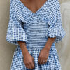 Fashion Street Plaid Split Joint V Neck Waist Skirt Dresses