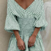 Fashion Street Plaid Split Joint V Neck Waist Skirt Dresses