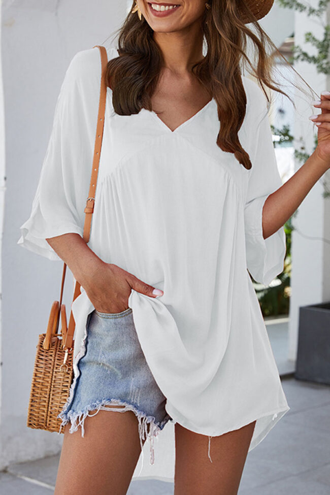 Fashion Casual Solid Split Joint V Neck T-Shirts