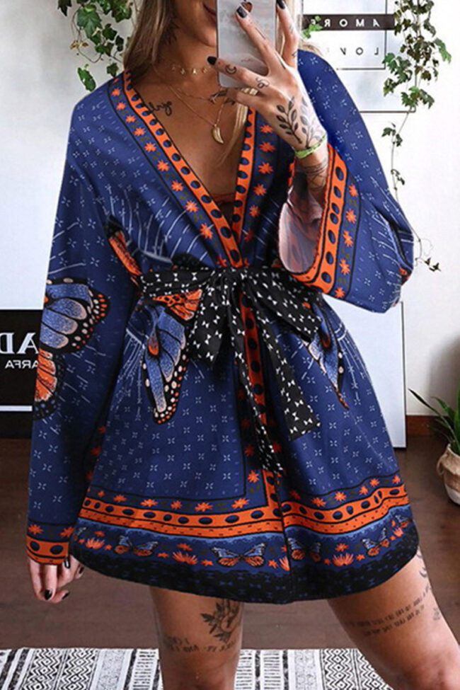 Fashion Elegant Print Frenulum V Neck A Line Dresses