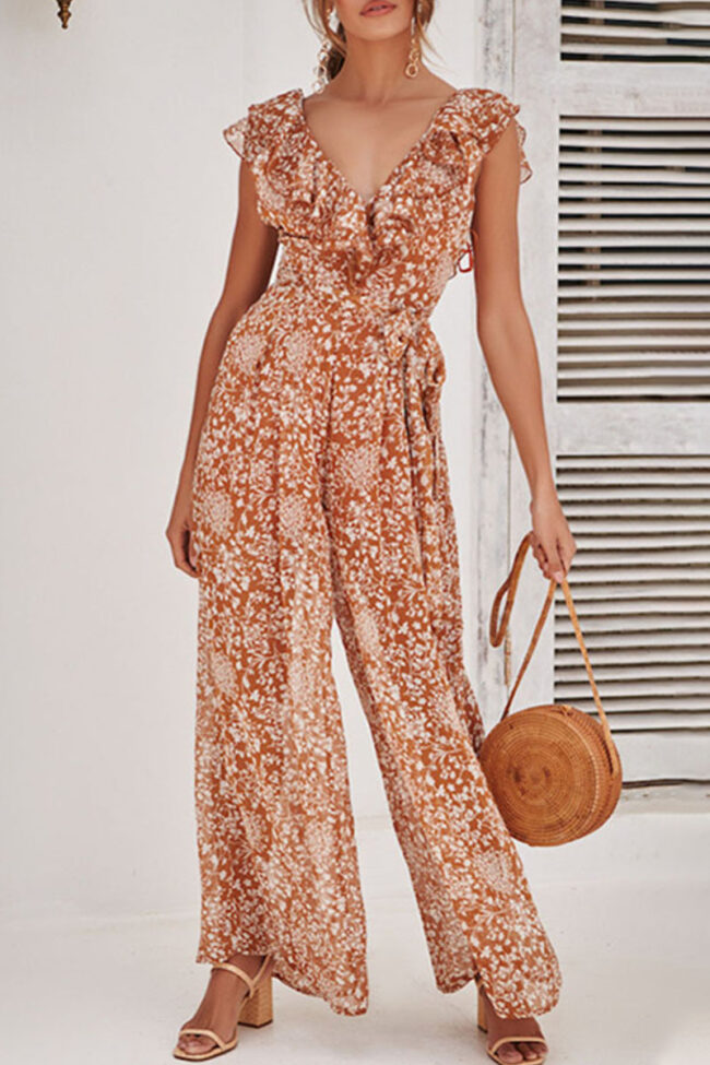 Fashion Street Print Split Joint V Neck Loose Jumpsuits