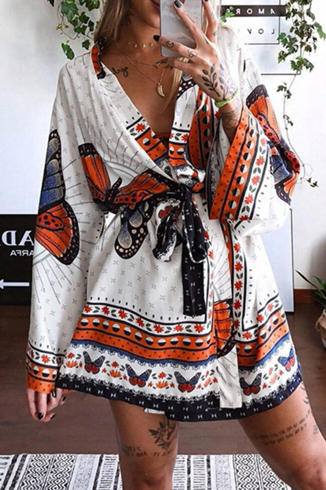 Fashion Elegant Print Frenulum V Neck A Line Dresses