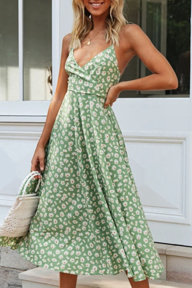 Fashion Casual Print Split Joint V Neck A Line Dresses