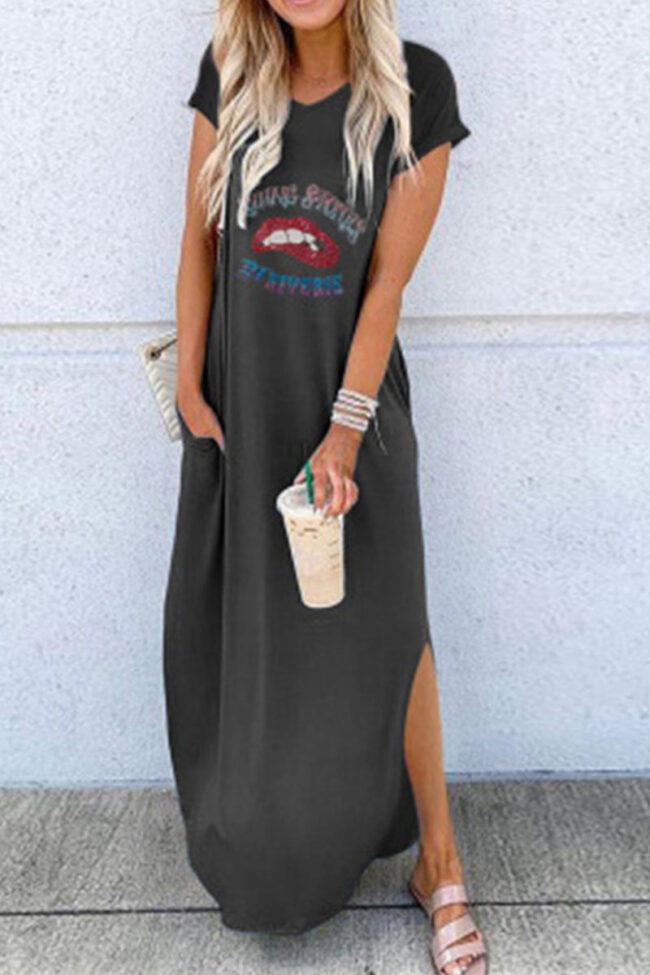 Fashion Street Print Slit O Neck Straight Dresses