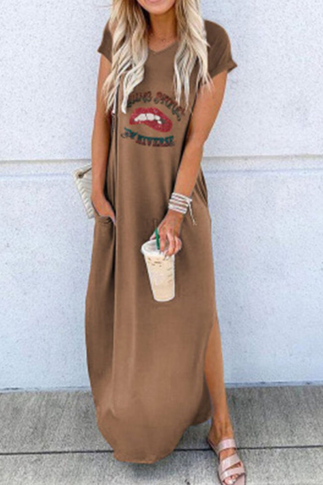 Fashion Street Print Slit O Neck Straight Dresses