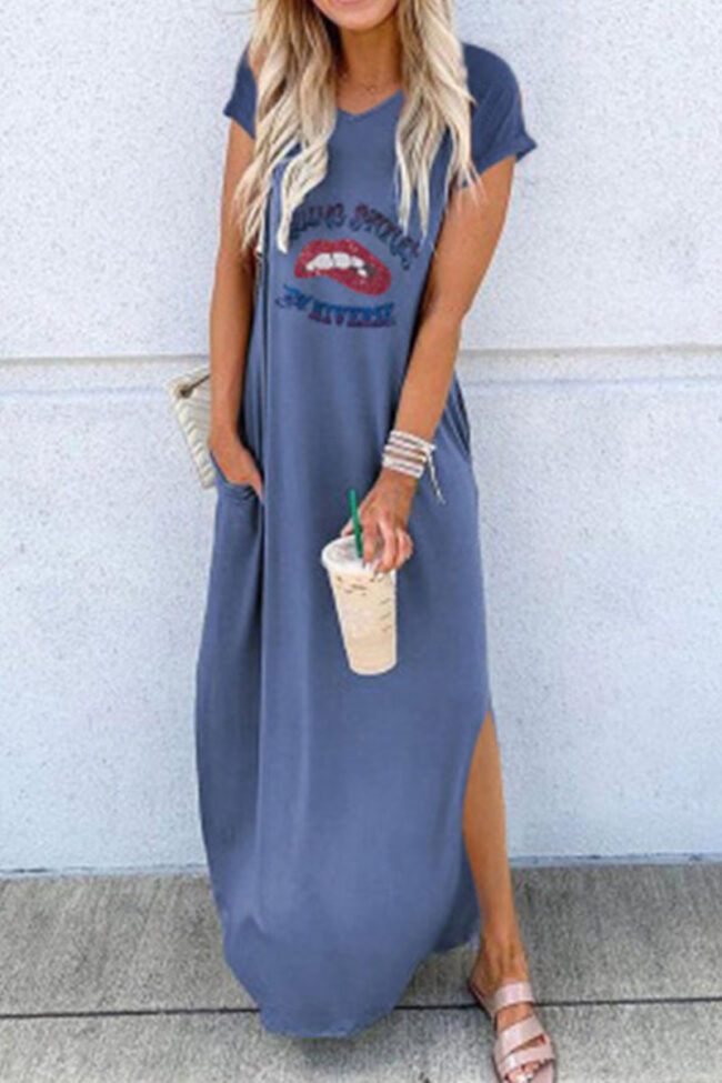 Fashion Street Print Slit O Neck Straight Dresses