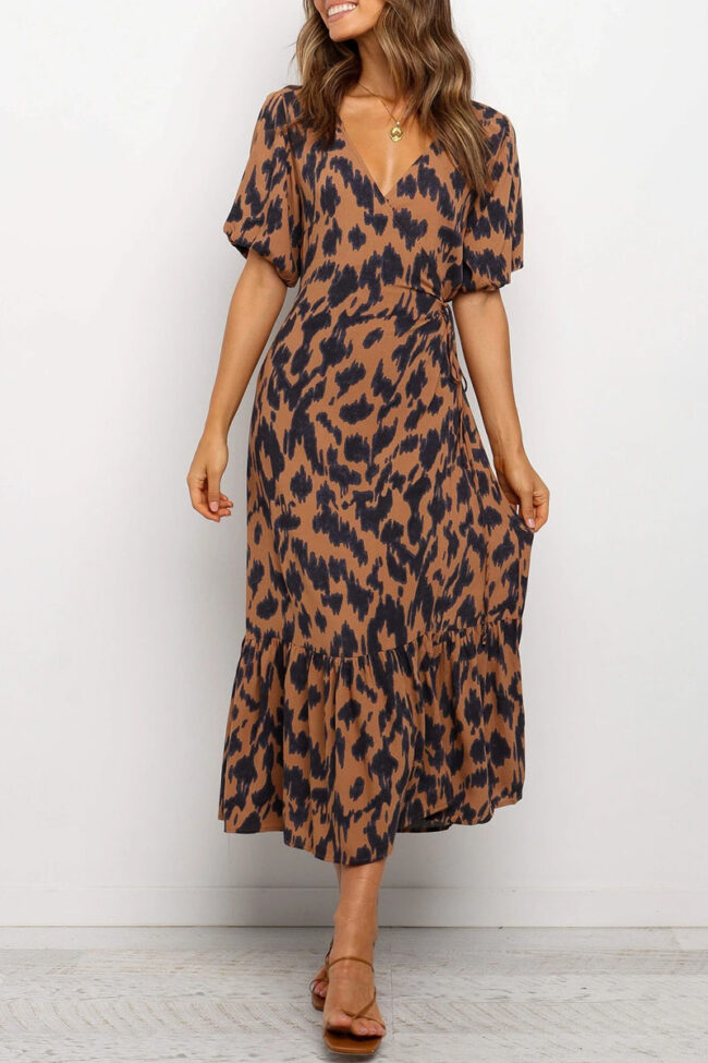 Fashion Street Leopard Slit V Neck A Line Dresses