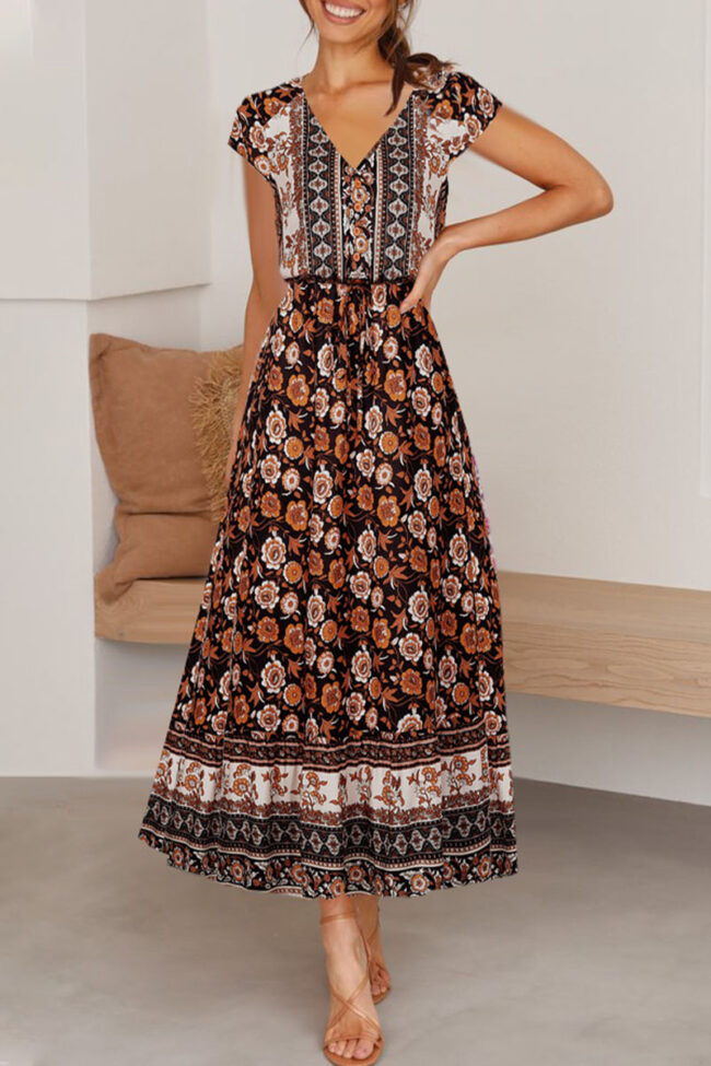 Fashion Bohemian Print Split Joint V Neck A Line Dresses