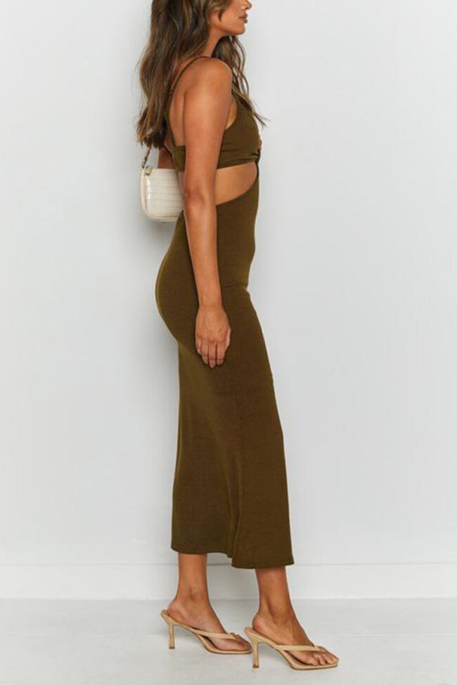 Army Green High Waist Slim Midi Dress