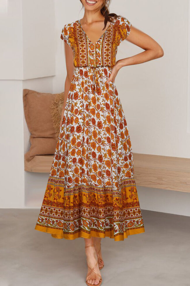 Fashion Bohemian Print Split Joint V Neck A Line Dresses