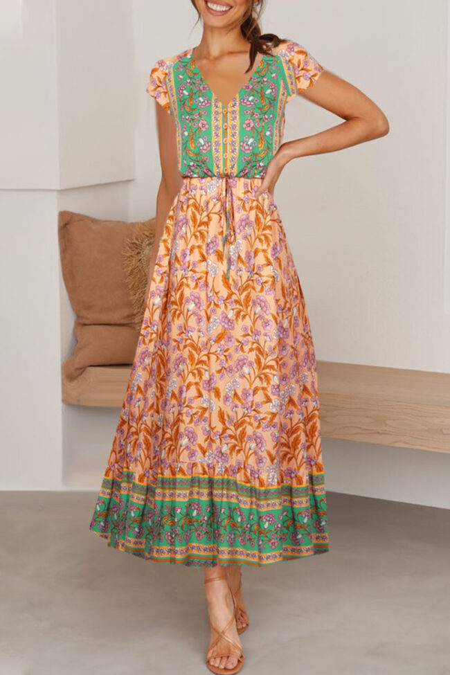 Fashion Bohemian Print Split Joint V Neck A Line Dresses