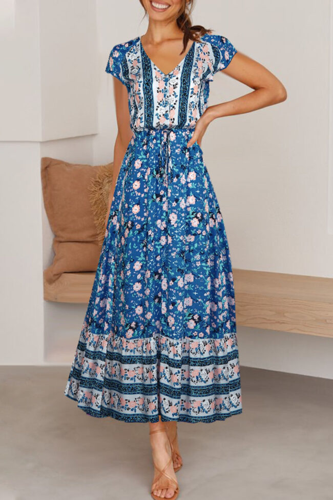 Fashion Bohemian Print Split Joint V Neck A Line Dresses