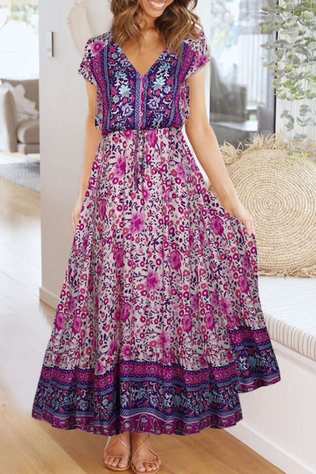 Fashion Bohemian Print Split Joint V Neck A Line Dresses