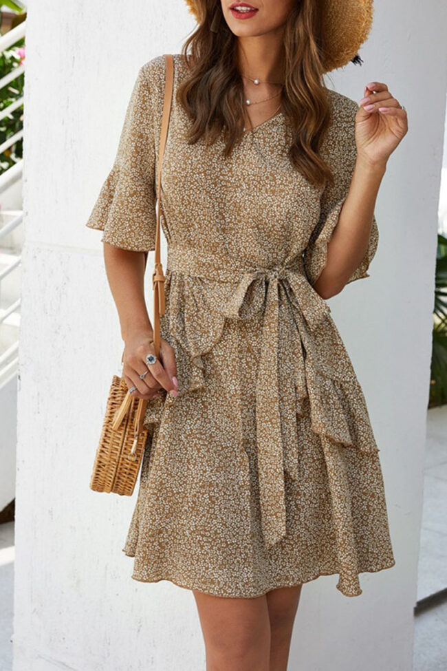 Fashion Simplicity Print Split Joint V Neck A Line Dresses