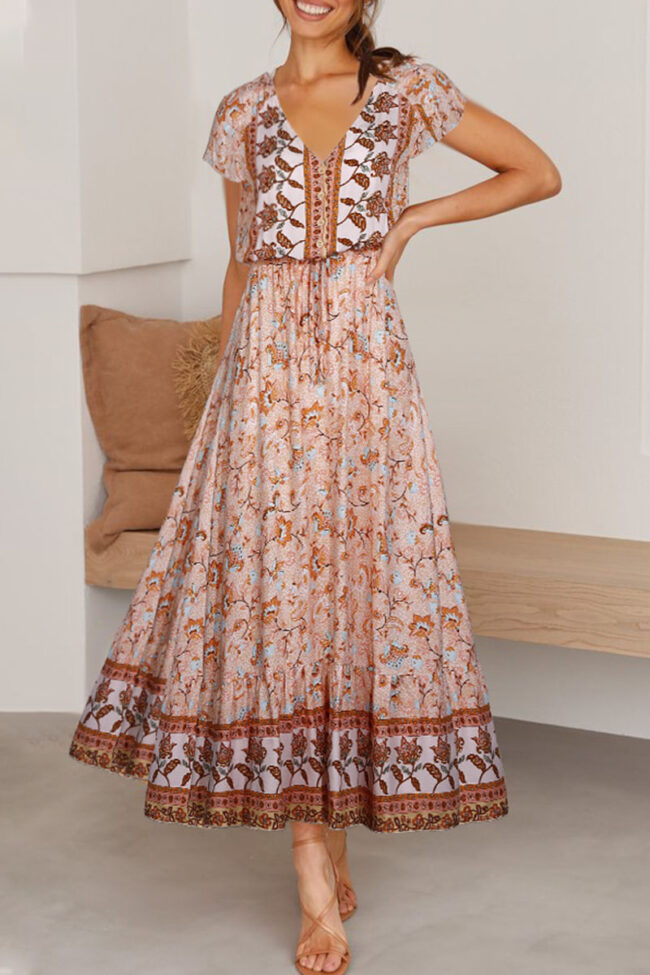 Fashion Bohemian Print Split Joint V Neck A Line Dresses