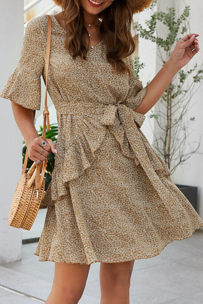 Fashion Simplicity Print Split Joint V Neck A Line Dresses